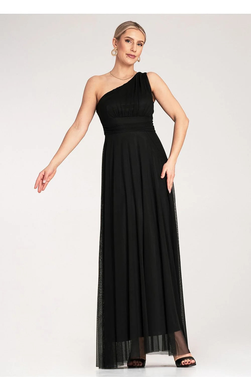 Robe de soirée élégante asymétrique en noir tissu fluide ceinture intégrée pour femme occasion formelle