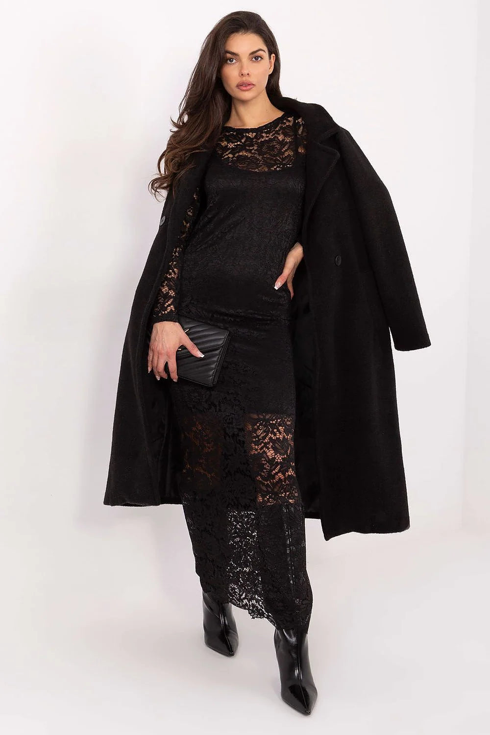 robe longue maxi dentelle noire sophistiquée fourreau moulante manches longues encolure ronde doublure opaque jupon mi cuisse dentelle transparente