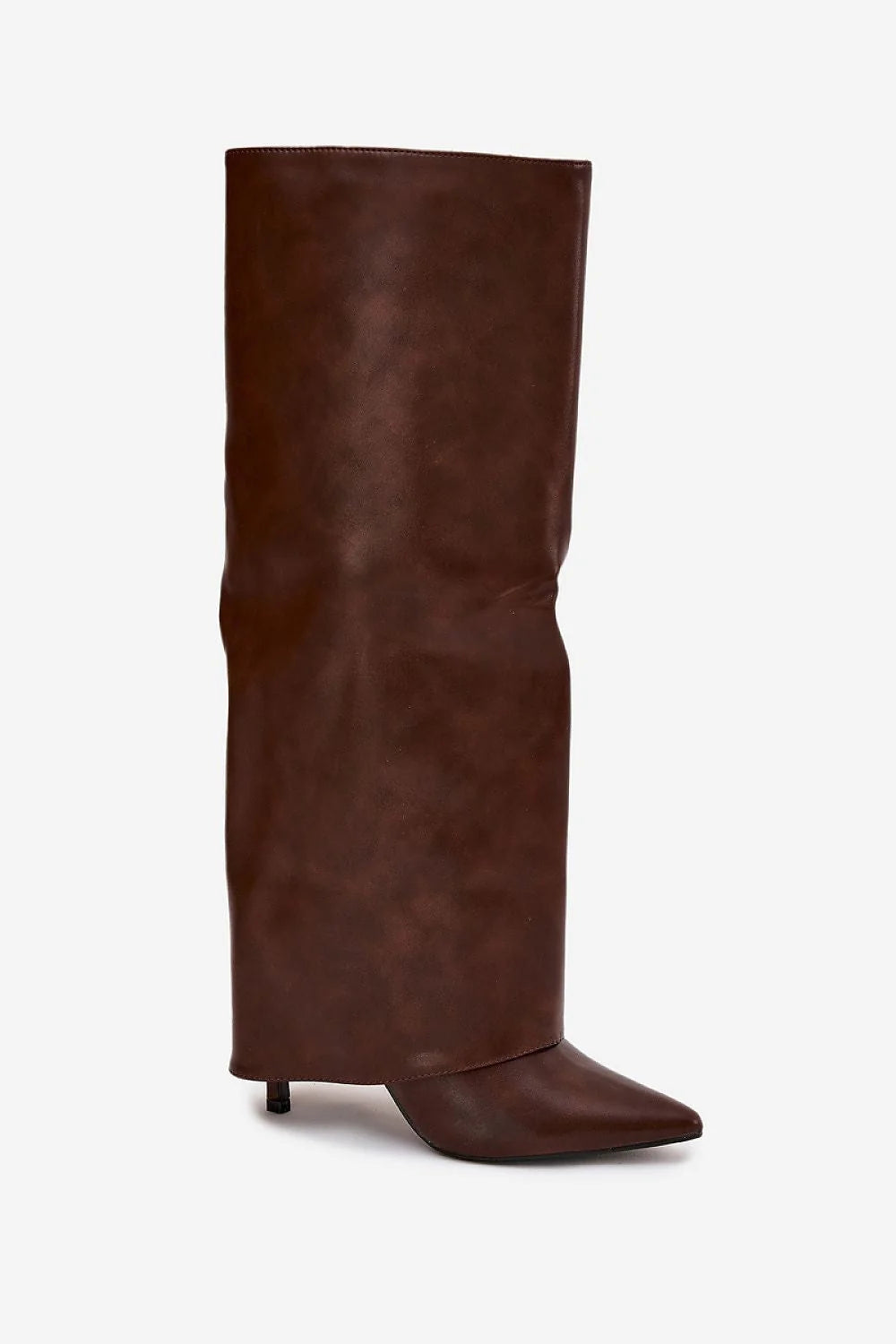 bottes femme hauteur genou talon aiguille 10cm simili cuir lisse marron chocolat bout pointu zip latérale doublure fourrure