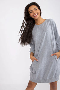 Robe décontractée femme en coton élasthanne gris ample manches longues poches confort maison détente