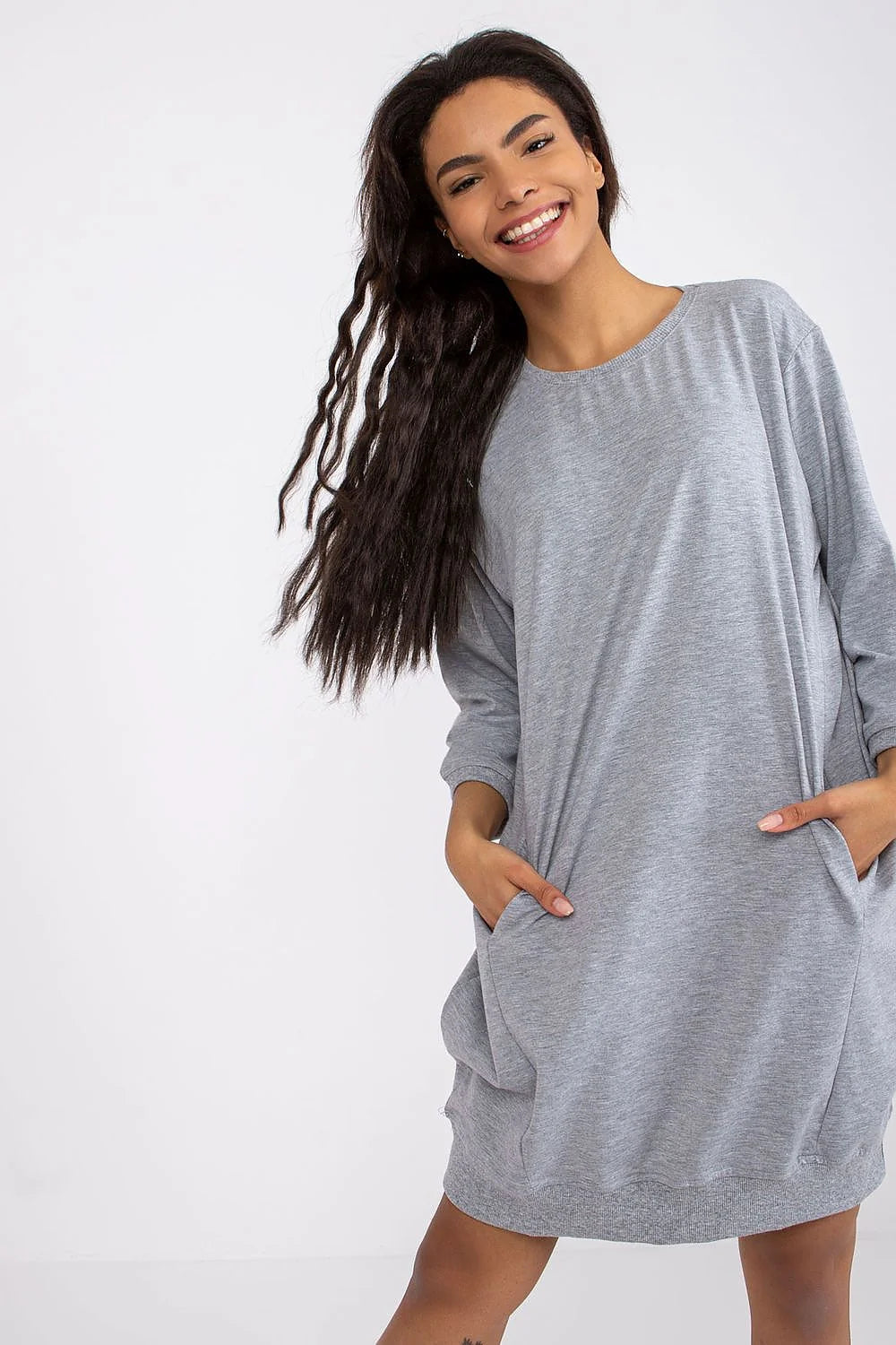 Robe décontractée femme en coton élasthanne gris ample manches longues poches confort maison détente