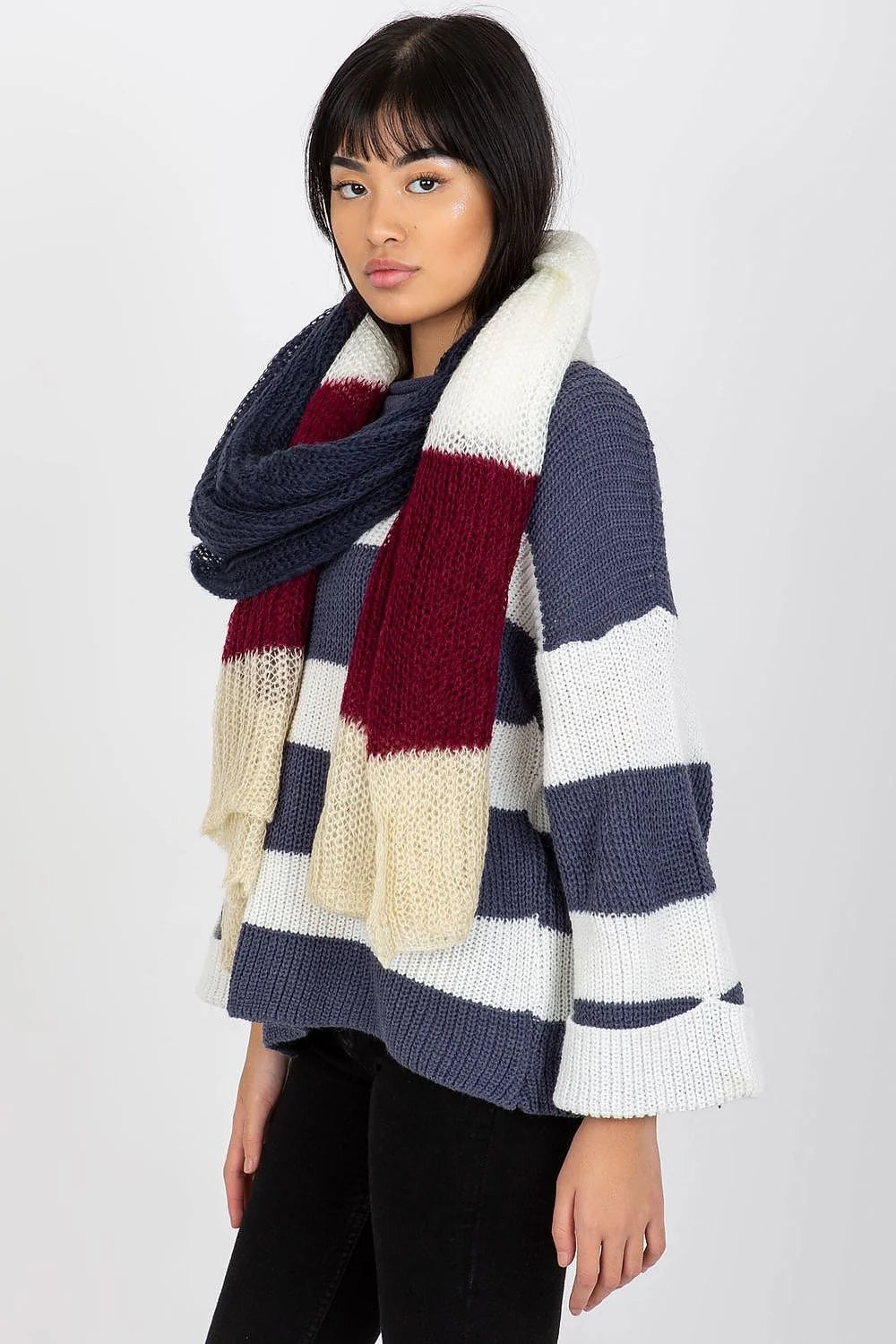 écharpe tricotée longue grosse maille ajourée colorblock marine bordeaux crème beige acrylique douce effilochée oversize rectangulaire chaude légère enveloppante