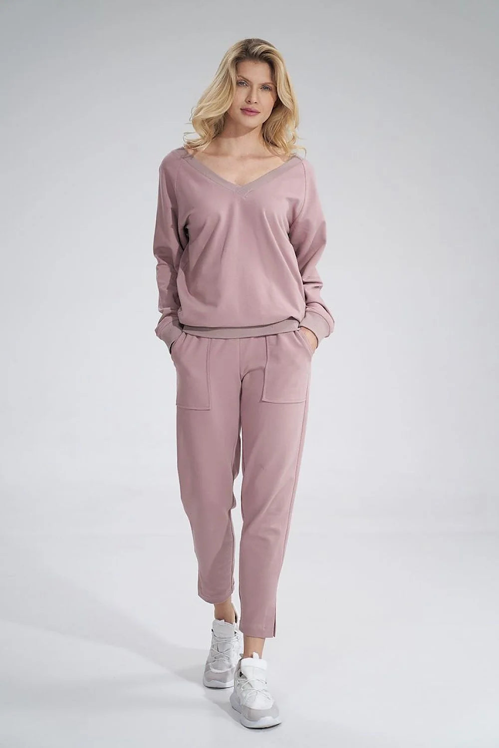 Sweatshirt Figl ensemble mode féminin décontracté rose mauve coton élasthanne manches longues col V