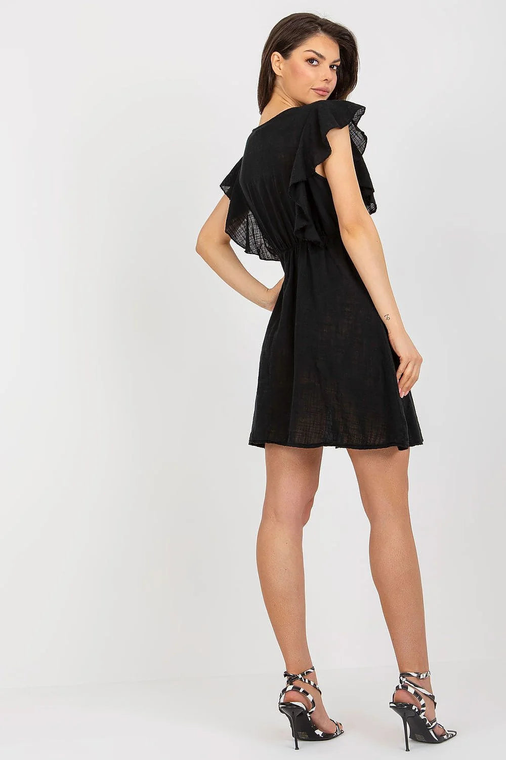 Robe de jour élégante Och Bella noire en mousseline manches courtes volantées décolleté en V empire taille ajustable femme