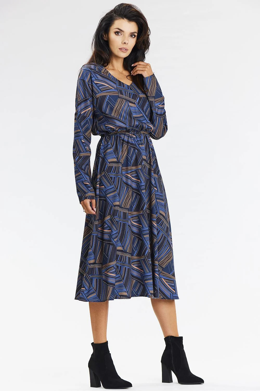 Robe élégante femme style kimono awama manches longues motif géométrique bleu brun occasionnels