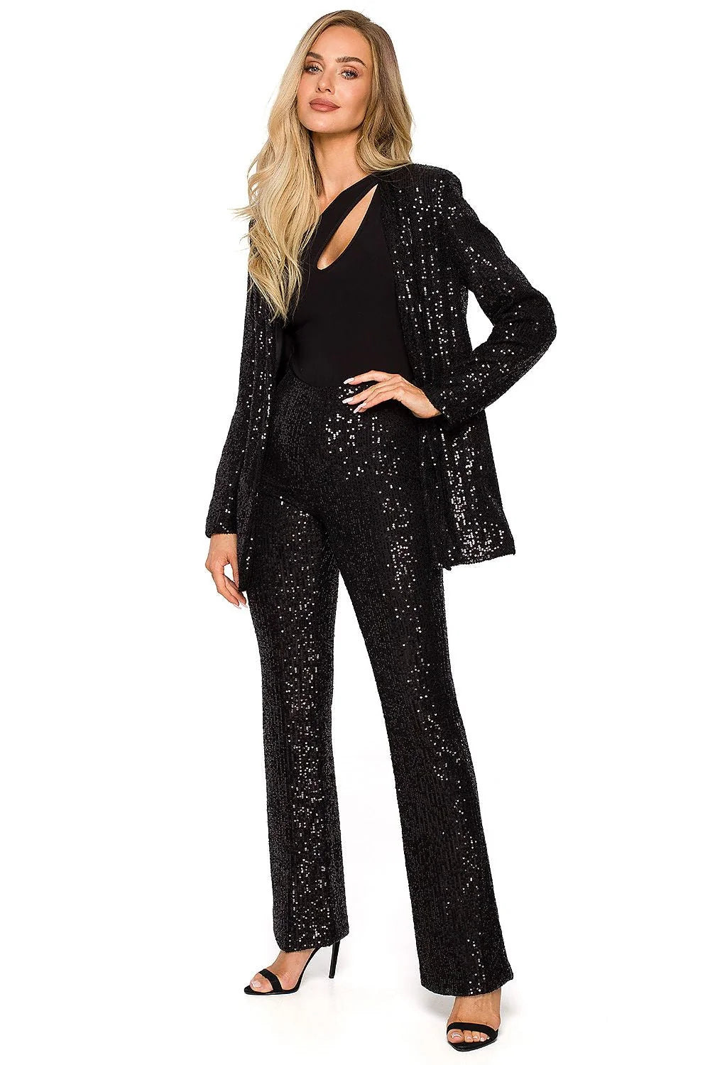 Veste de fête scintillante argentée longue élégante pour femme, style moderne chic coupe droite sequins brillants polyester 100 %
