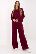 ensemble survêtement femme molleton bordeaux sweat oversize col rond manches bouffantes finitions pantalon large taille haute élastiquée poches latérales confortable