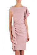 Robe de cocktail élégante Jersa manches asymétriques volants roses pâles Polyester élasthanne ajustée dos nu