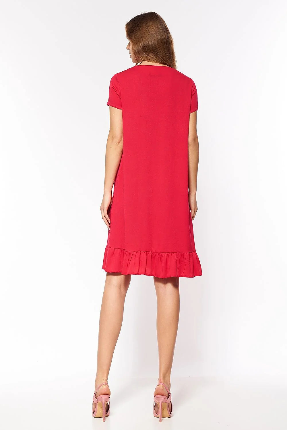 Robe de jour Nife design épuré élégant viscose spandex coupe droite genoux décolleté V nœud central manches courtes style décontracté semi-formel couleur rouge garde-robe moderne femme