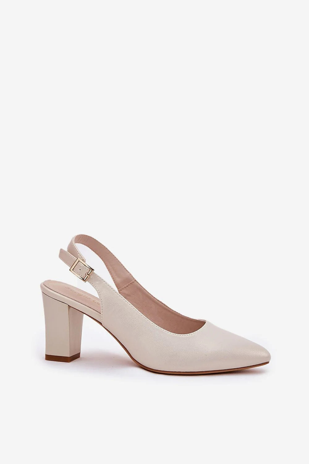 escarpins femme talon carré moyen pointu silhouette élégante slingback bride arrière boucle dorée cuir synthétique ivoire finition lisse perles délicates