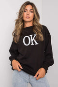 sweatshirt femme oversize noir col rond manches longues lettrage blanc OK molleton épais confortable ample poignets élastiques