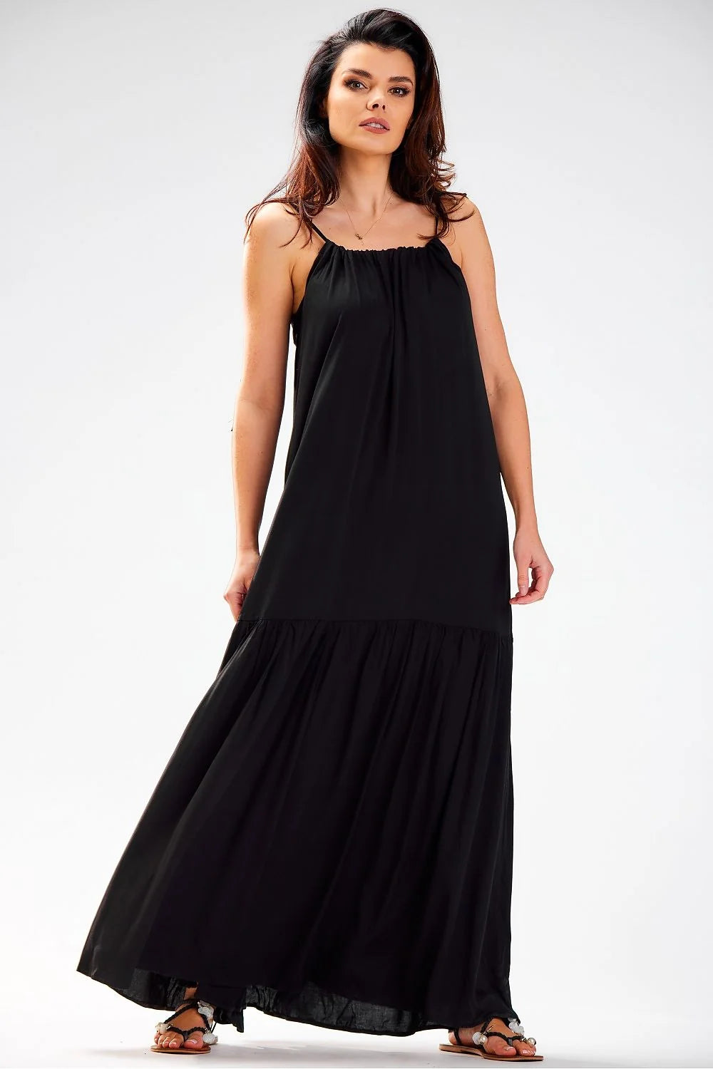 Robe de jour awama été longue ample dos nu viscose noire fabrication polonaise femme
