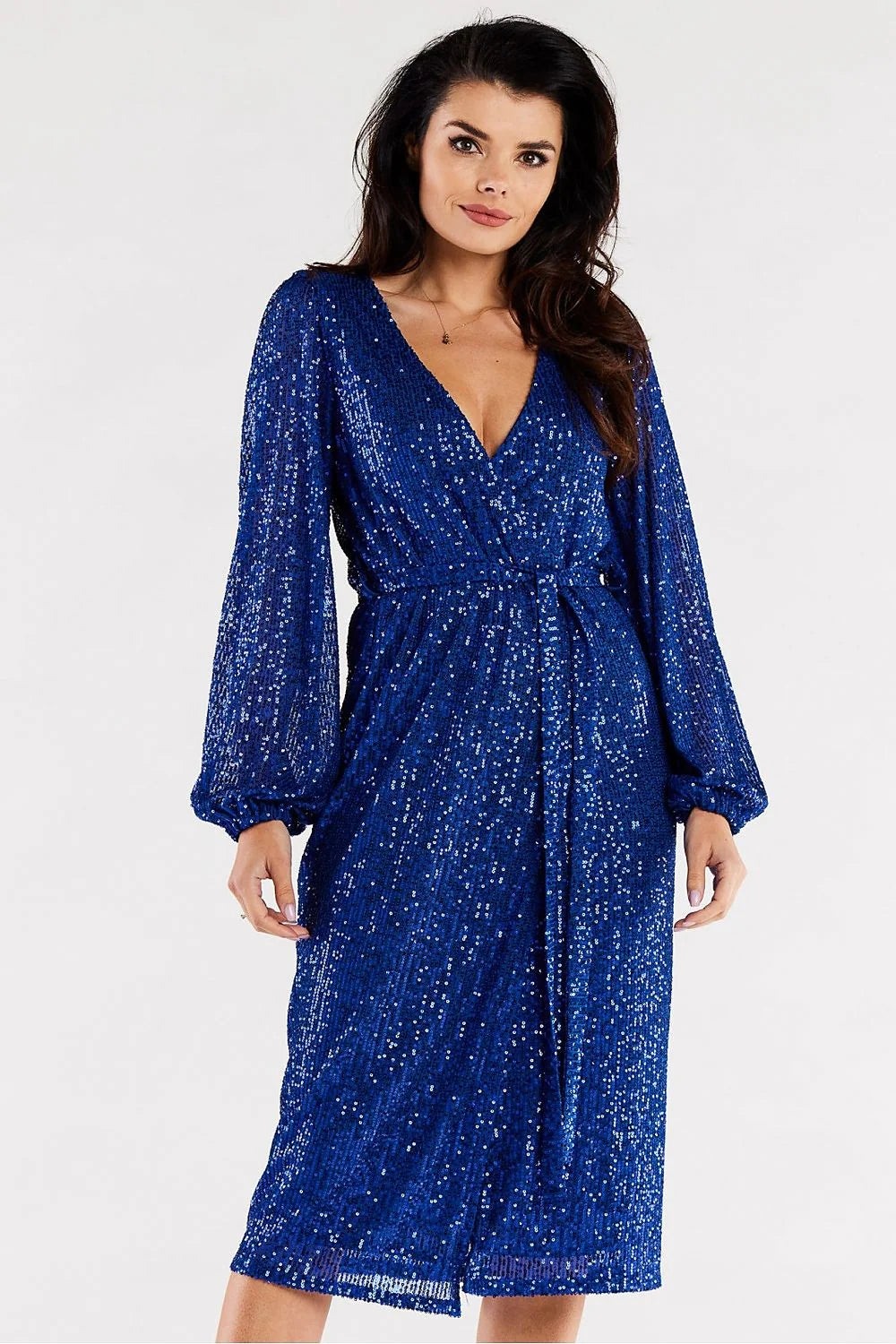 Robe de soirée élégante longueur midi manches longues paillettes rouge vif ceinture intégrée ajustable femme
