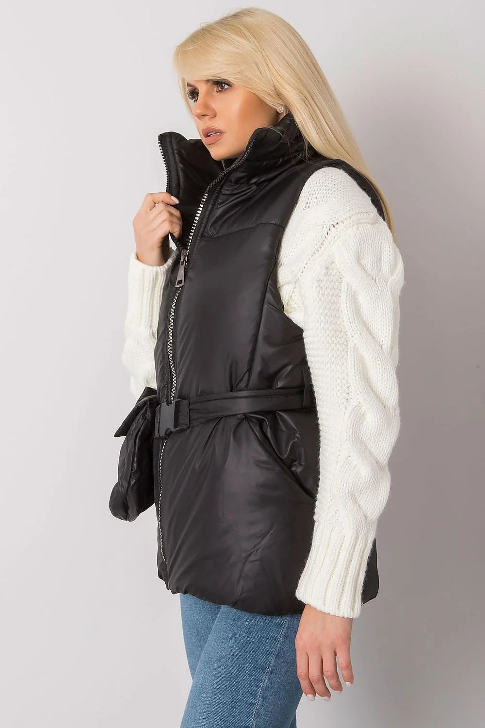 Gilet matelassé marron caramel polyester décontracté élégant fermeture éclair poches ceinture intégrée femme automne-hiver
