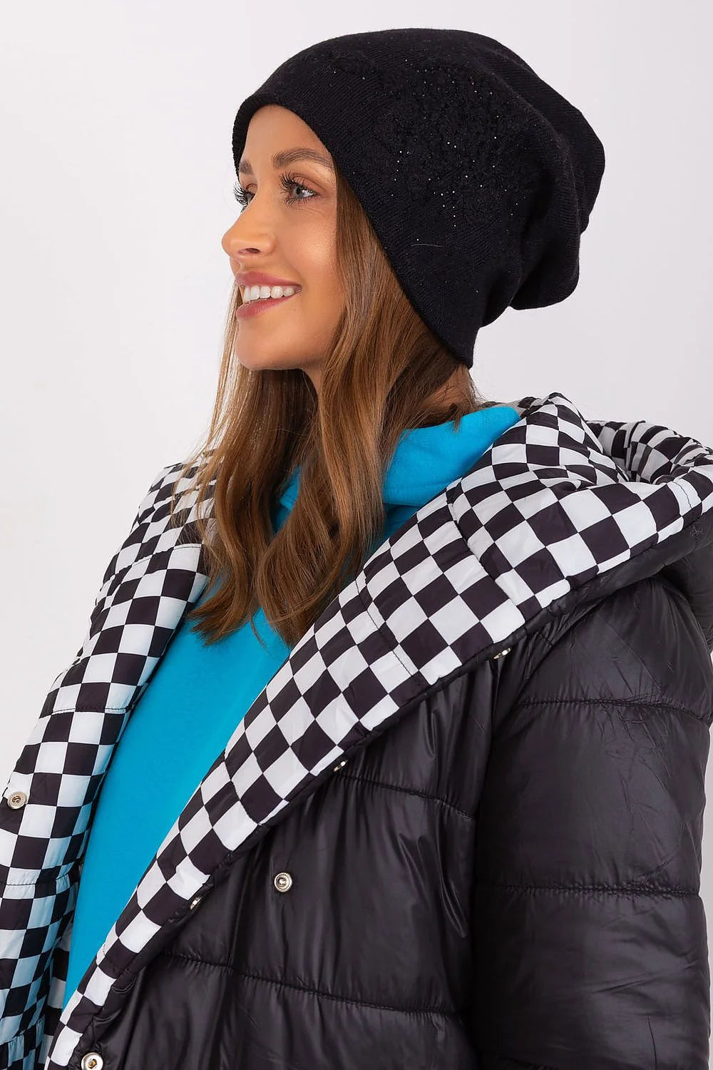 Bonnet d'hiver en cachemire noir avec strass pour femme, style urbain, matelassé, acrylique, coton, look casual, mode moderne, saison froide