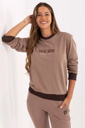 sweatshirt femme col rond manches longues cotonpolyester molleton doux coupe relaxed taupe chocolat bordscotes contrastes broderie subtile logo minmin