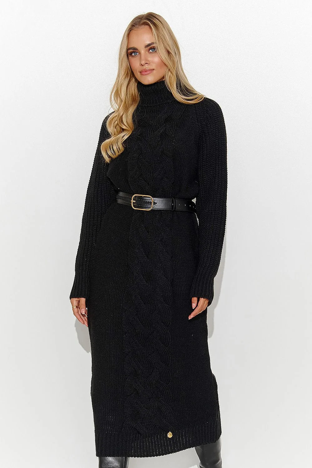 Robe pull longue maille tricotée femme noire col roulé manches longues motif torsadé ceinture dorée