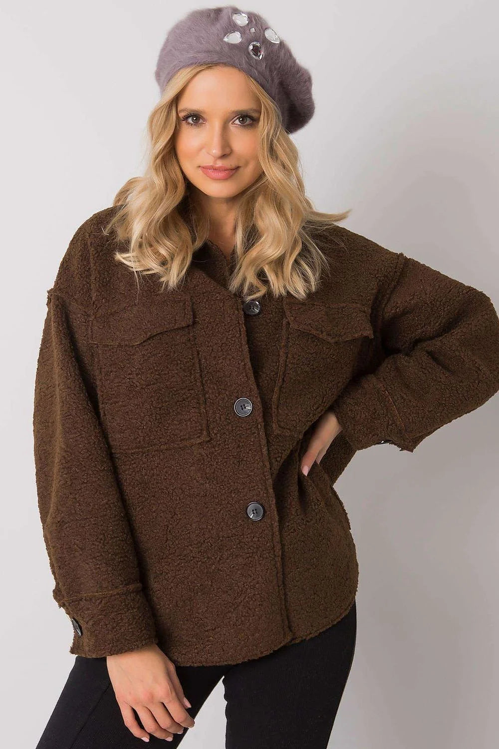 Veste ample en laine bouclée marron chic et béret violet strass décontractés automne-hiver femmes
