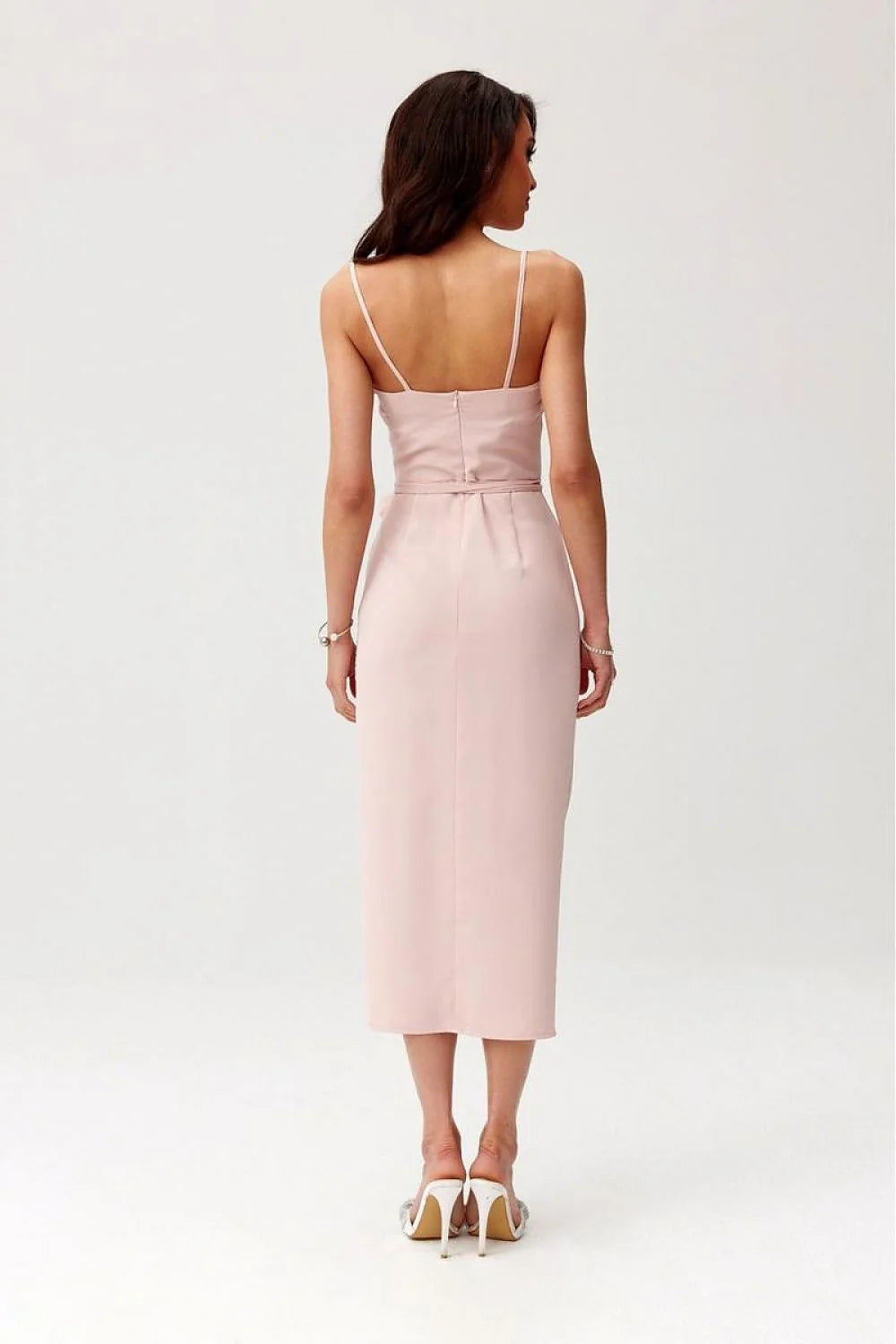 Robe de cocktail élégante rose pâle robe midi bretelles fines fente sexy fermeture dos fleur déco femme
