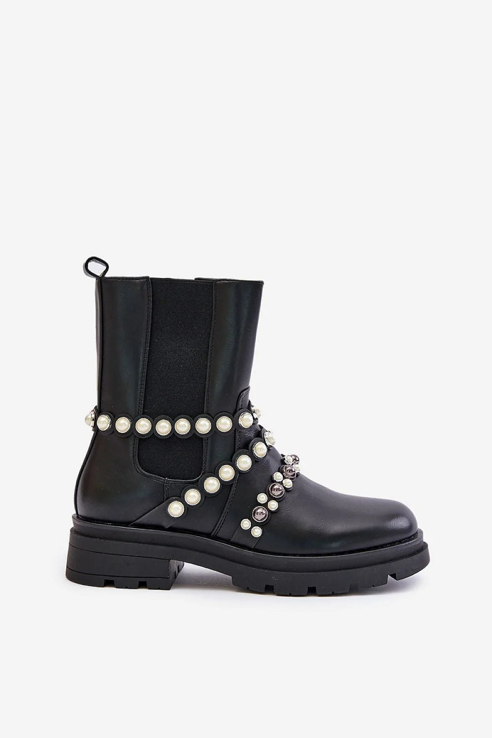Chaussures Jodhpur Step in Style femme design audacieux cuir noir perles blanches cristaux semelle épaisse