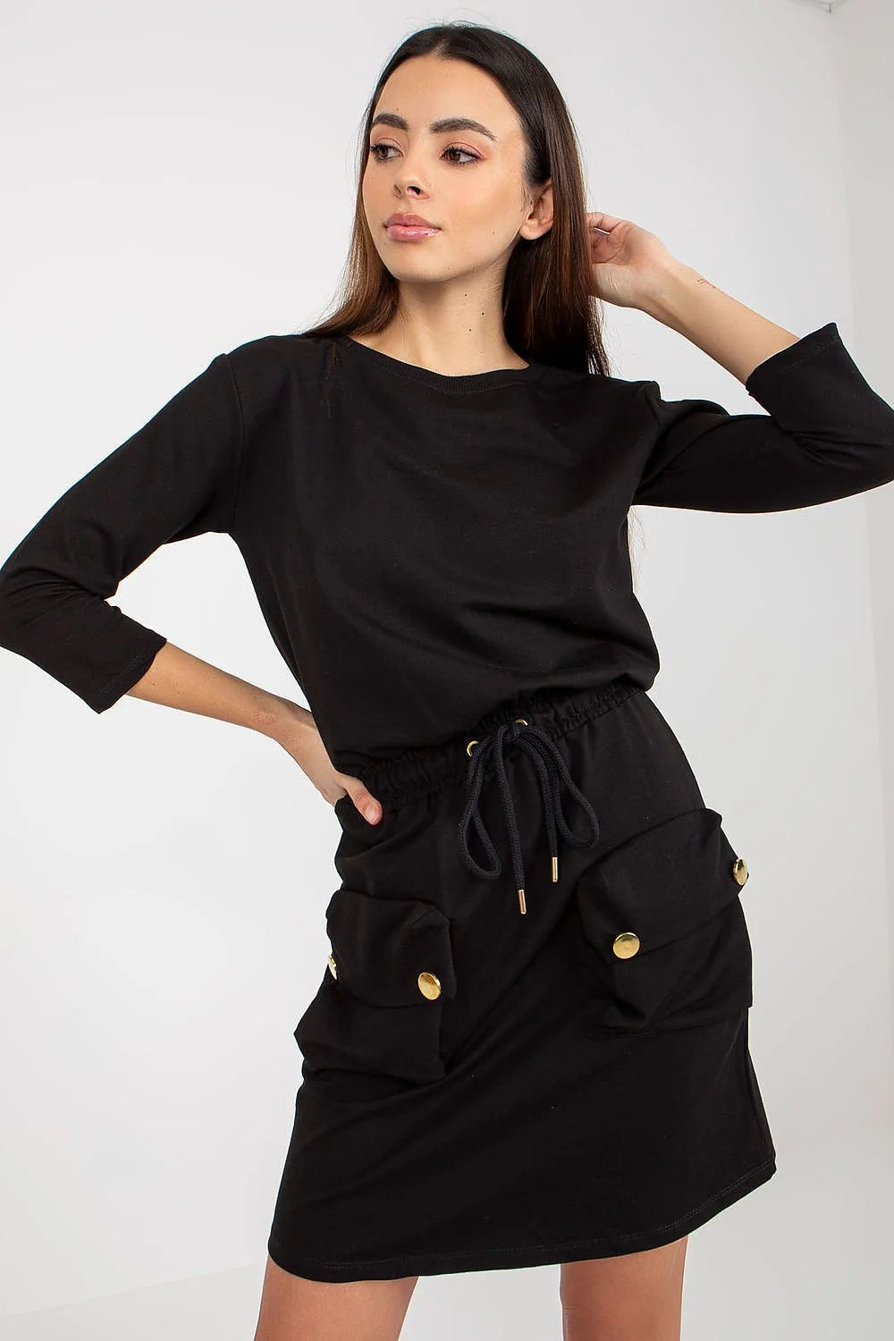 Robe de jour Och Bella moderne manches 3/4 couleur fuchsia poches intégrées ceinture dorée femme