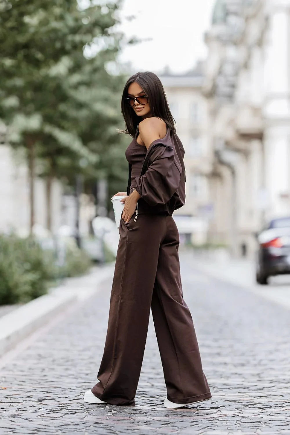 ensemble femme coton stretch doux bomber zippé court marron chocolat manches bouffantes top côtelé ajusté taille haute pantalon jambes évasées