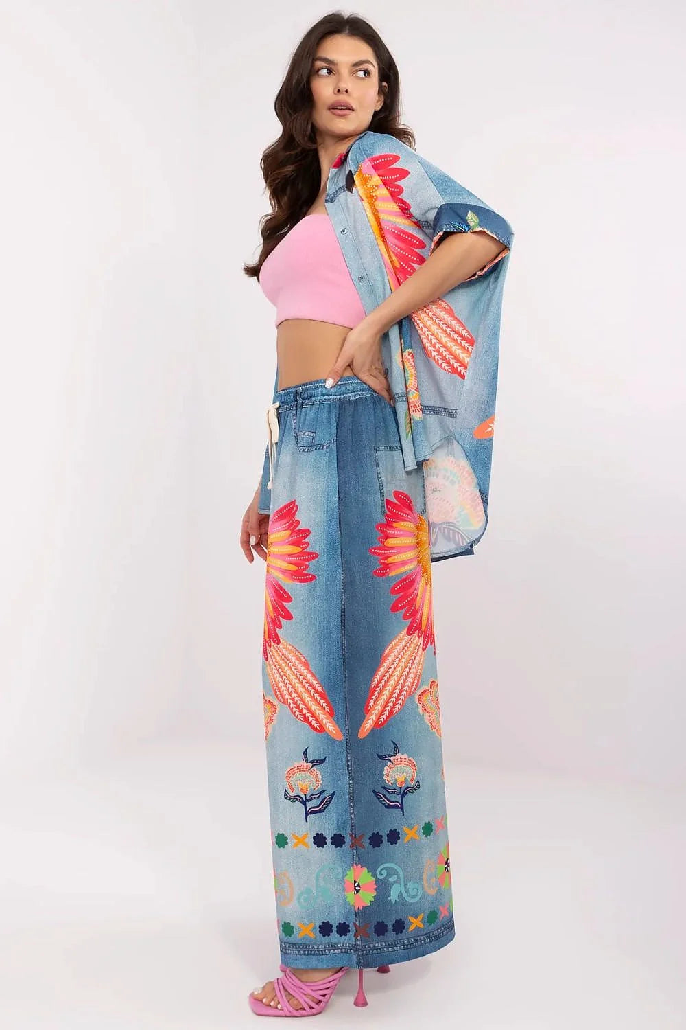 Ensemble femme 3 pièces pantalon ample haut bandeau chemise ouverte motifs colorés parrots floral denim coton elasthanne