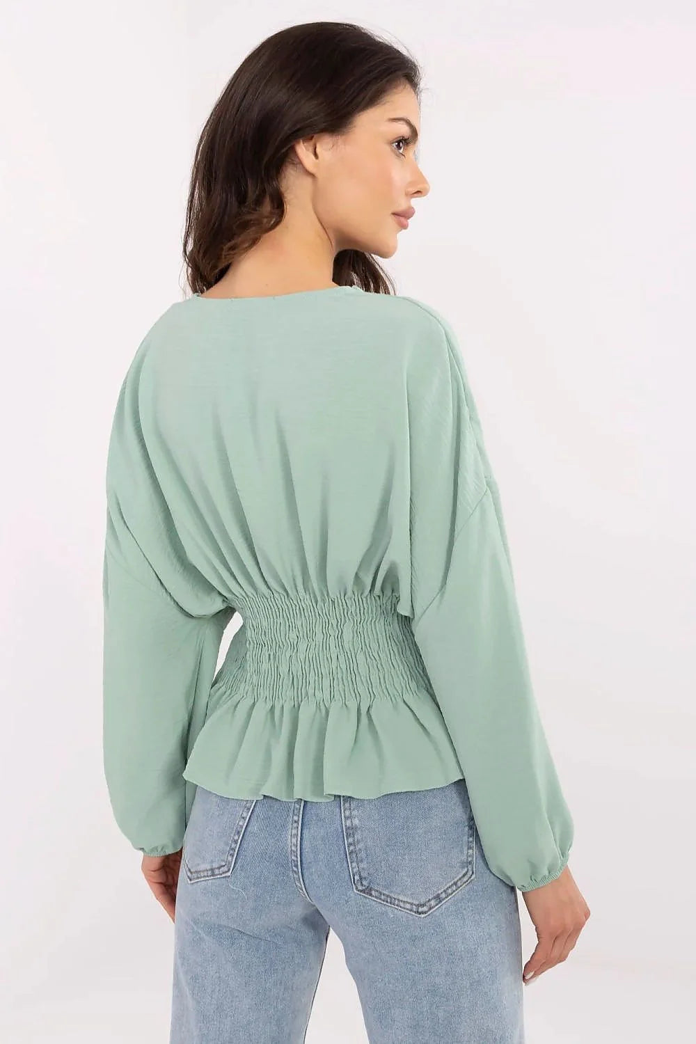 Chemisier Sublevel sage vert court élégant polyester manches longues bouffantes ceinture smockée taille ajustable femme