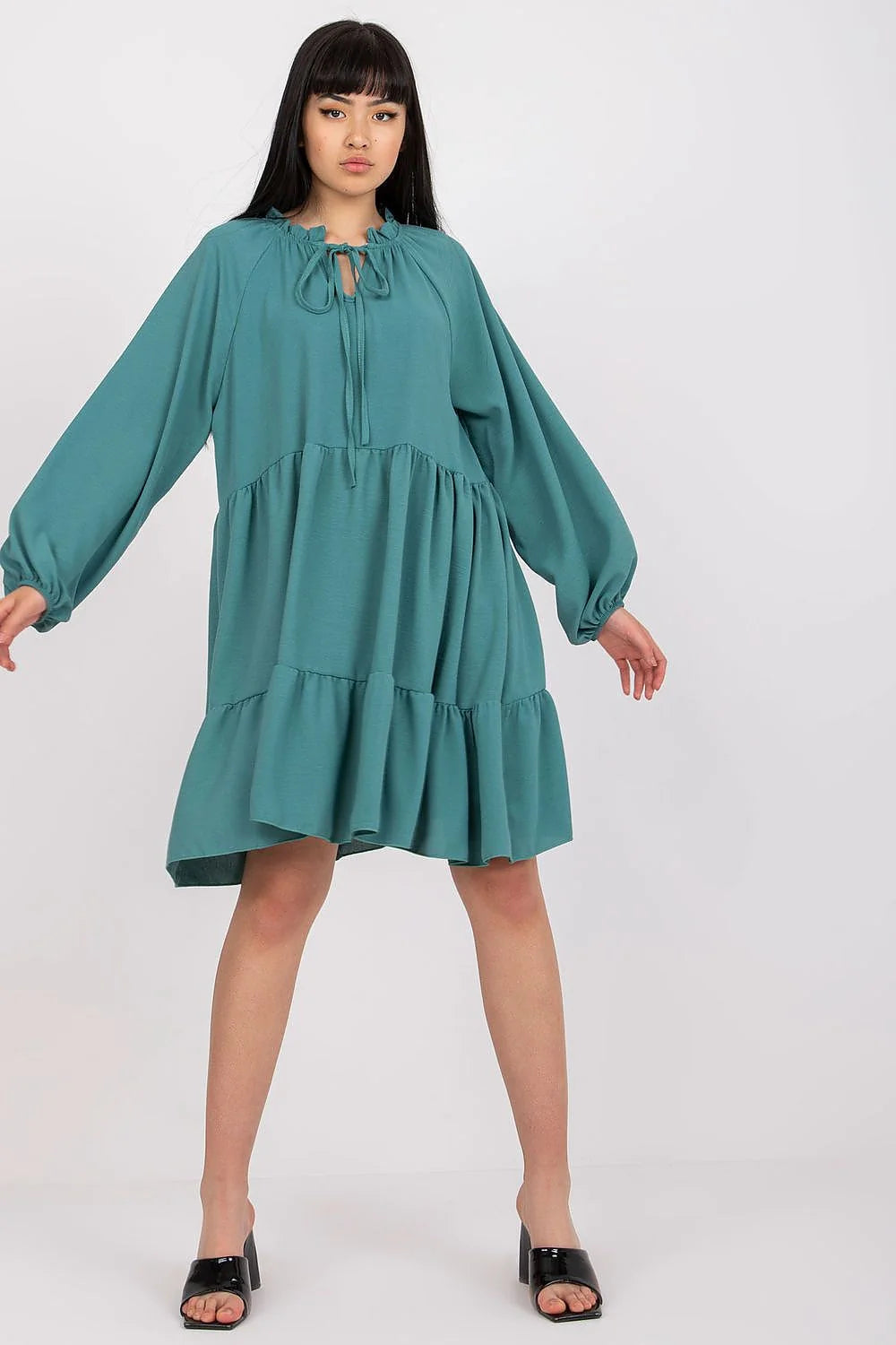 Robe de jour Italy Moda coupe évasée longues manches col arrondi noué tissu fluide elasthanne 3% polyester 97% taille universelle femme