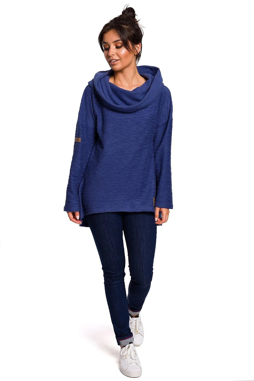 Pull asymétrique femme coton polyester bleu décontracté confortable col drapé manches longues Be Wear