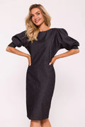 Robe de jour élégante effet denim coupe crayon manches ballon coloris gris foncé taille ajustable femme