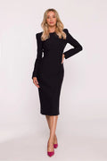 robe crayon fourreau noire midi manches longues encolure ronde épaulettes structurées silhouette cintrée taille marquée fente arrière doublée extensible élégante