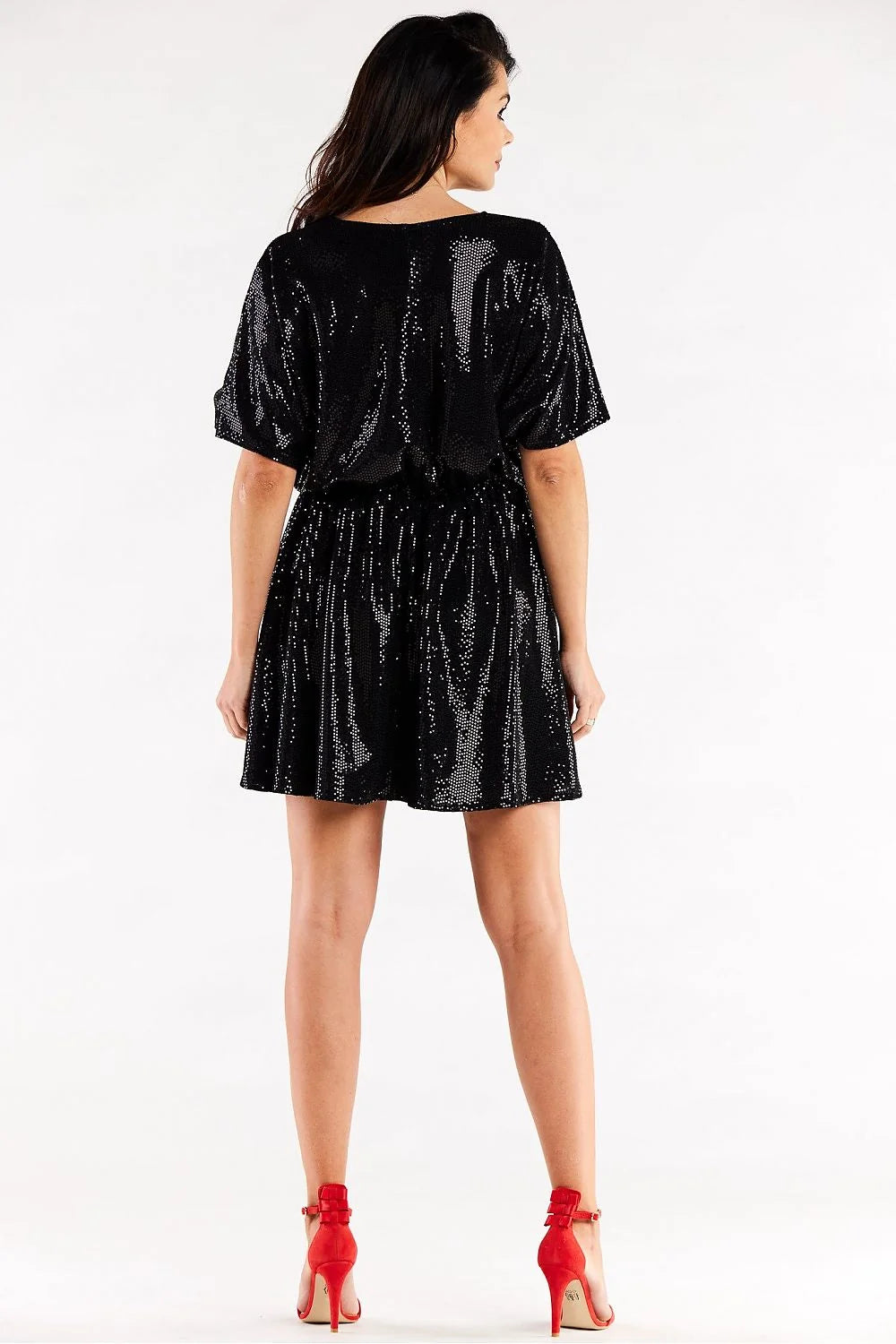 Robe de soirée élégante courte manches courtes décolleté en V paillettes vertes taille ajustable femme