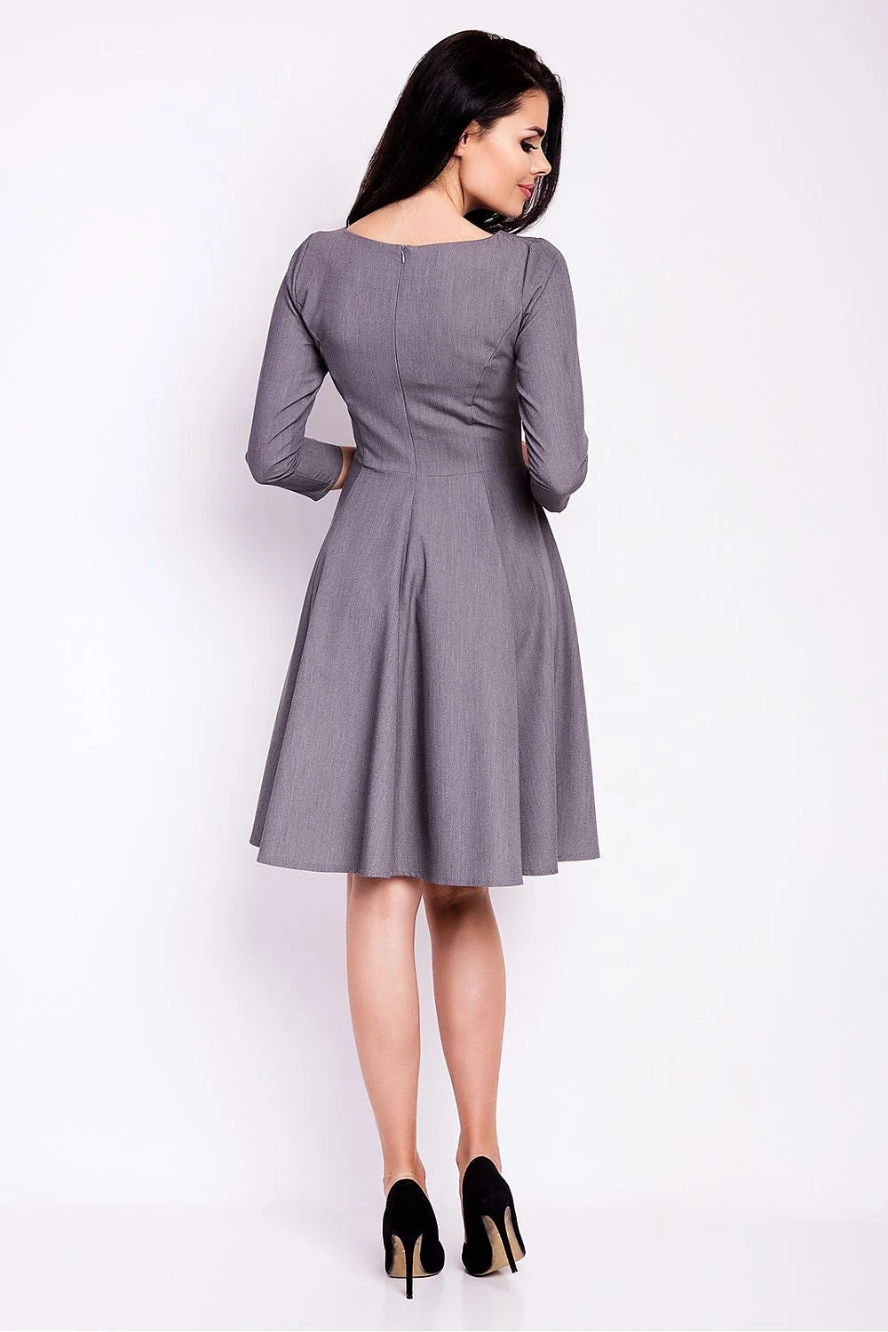 Robe de jour élégante coupe ajustée jupe évasée manches 3/4 encolure bateau gris anthracite femmes