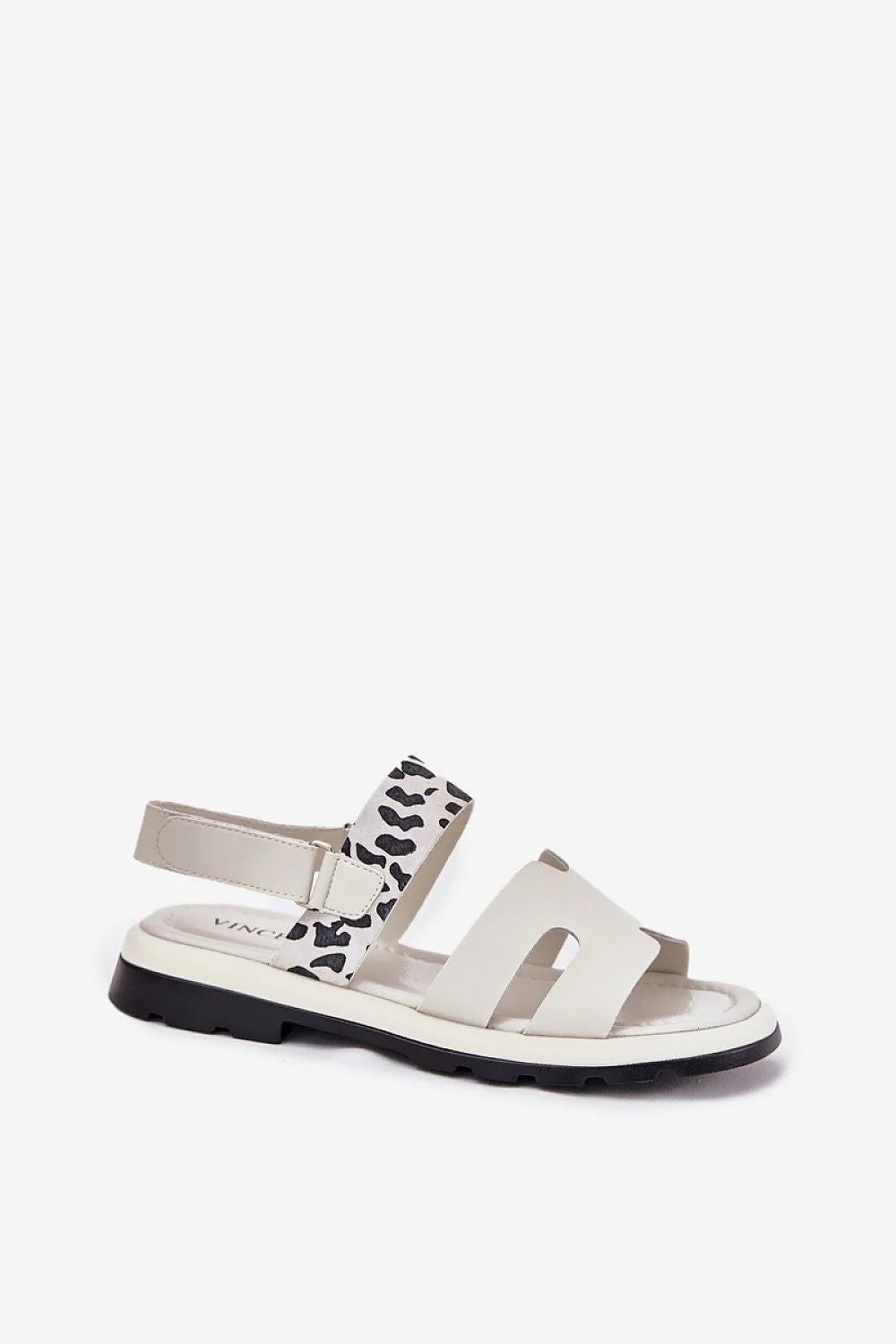 sandales femmes Vinceza beige clair cuir synthétique imprimé léopard brides cheville scratch semelle épaisse bicolore crantée matelassée confort talon plat