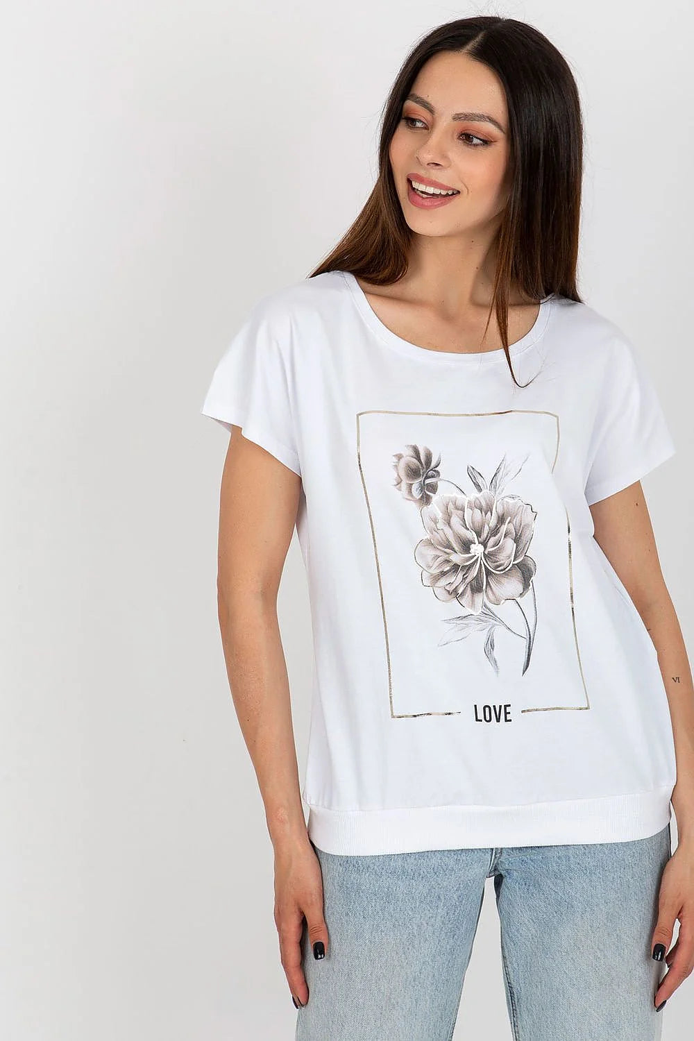 Chemisier femme design décontracté et élégant imprimé floral métallisé mot LOVE couleur blanche polyvalent et tendance