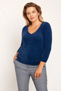 Pull-over bleu marine femme 100% polyamide doux col V manches longues chic intemporel casual