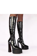 bottes laquées cuir écologique tige 37cm boutpointu talon épais 15cm plateforme 5cm confortable semelletissu doublureinexistante fermetureeclair audacieuses féminines luxueuses