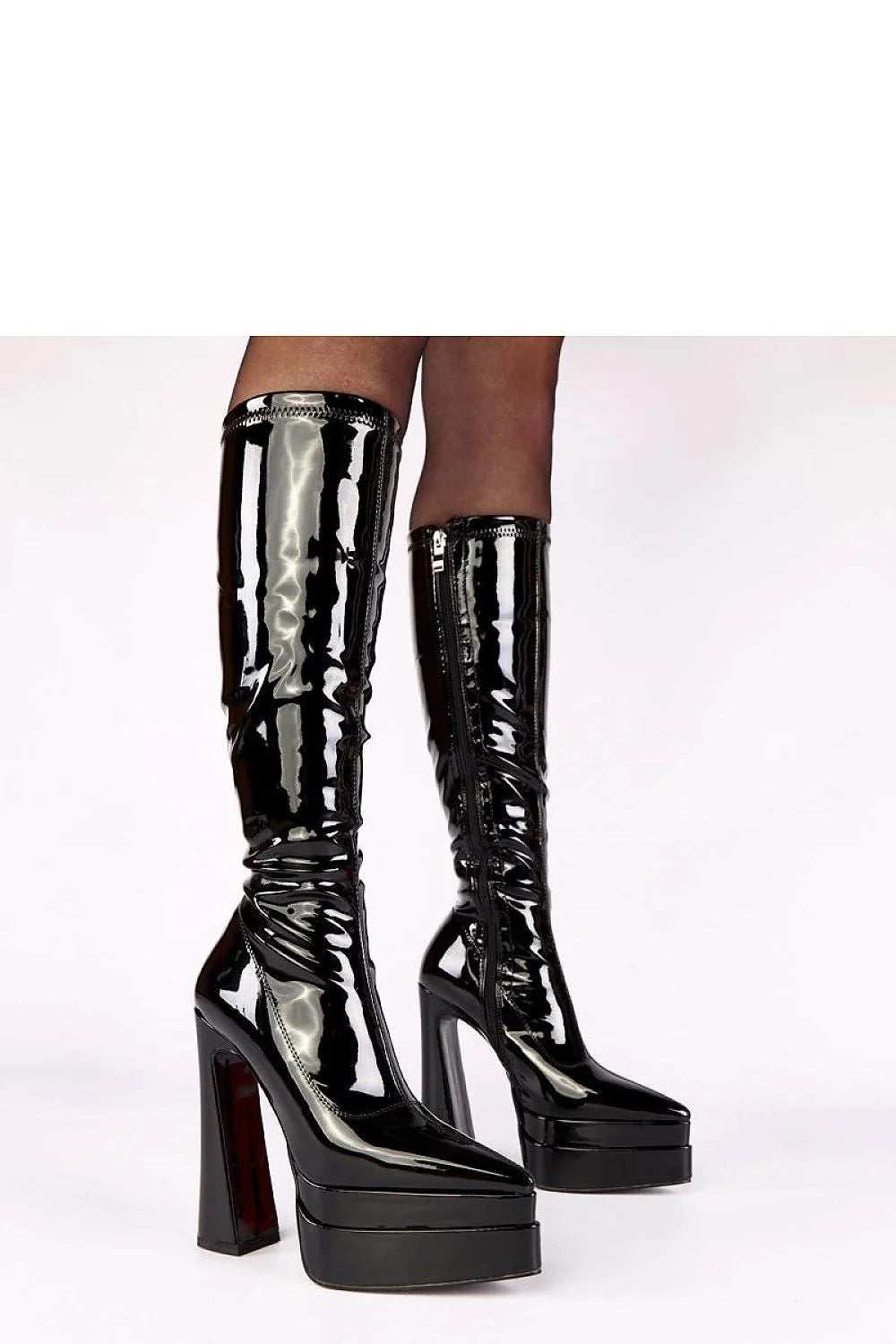 bottes laquées cuir écologique tige 37cm boutpointu talon épais 15cm plateforme 5cm confortable semelletissu doublureinexistante fermetureeclair audacieuses féminines luxueuses