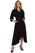 Robe noire asymétrique polyester chic moderne femme élégante manches longues boutons dorés urbain chic