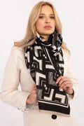 Écharpe pour femmes en viscose et laine, motif géométrique noir et blanc, franges subtiles, 190 cm, polyvalente, style contemporain, tenues élégantes et quotidiennes