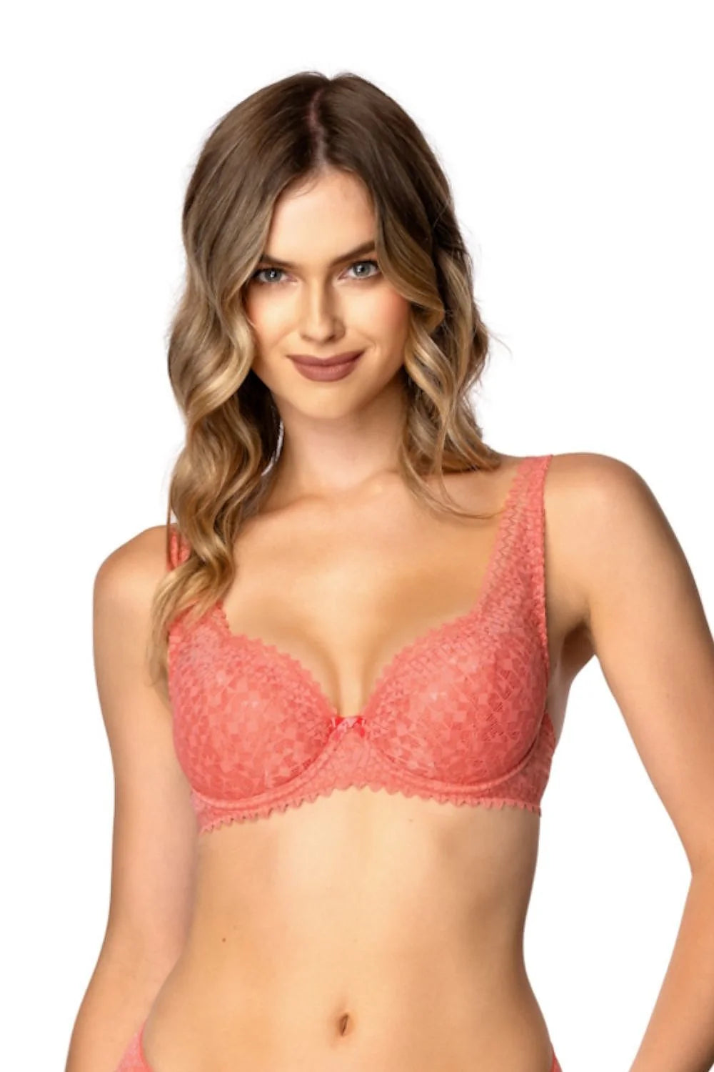soutien gorge rembourré armatures grande poitrine maintien confort bretelles larges réglables dentelle florale transparente finition string assorti corail
