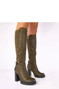 bottes vertes talon carré hautes genou cuir synthétique boucle métallique décorative semelle crantée plateforme bout rond zippée latérale élégantes confortables