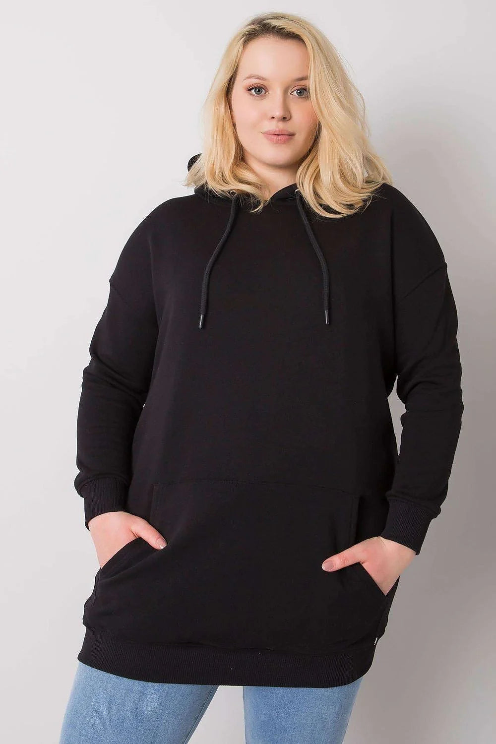 Sweatshirt femme ample coton-polyester noir moderne décontracté capuche poches kangourou confort quotidien tendance