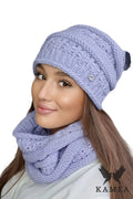 Bonnet Kamea et écharpe assortie en maille épaisse couleur lavande douce pour femme style décontracté et moderne