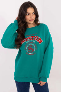 Pull molleton Boston design universitaire femme coton polyester vert émeraude manches longues encolure ronde coupe ample