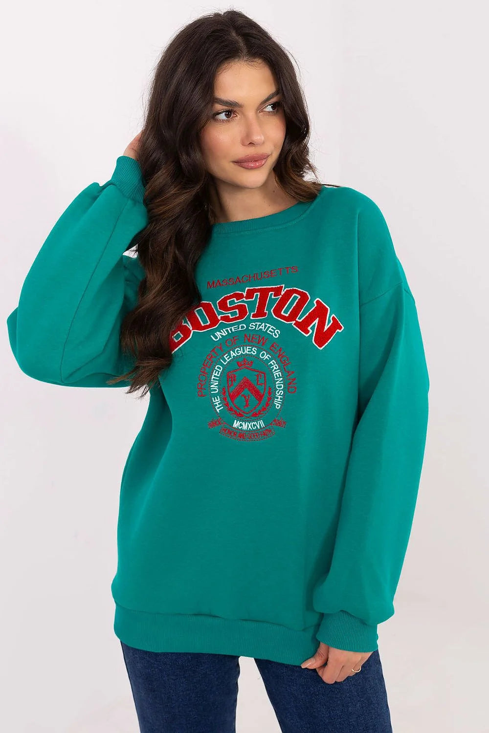 Pull molleton Boston design universitaire femme coton polyester vert émeraude manches longues encolure ronde coupe ample