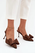 escarpins slingback femme talon aiguille 8cm bout pointu nœud oversize coudepied tissu satiné chocolat silhouette élancée soirée confort