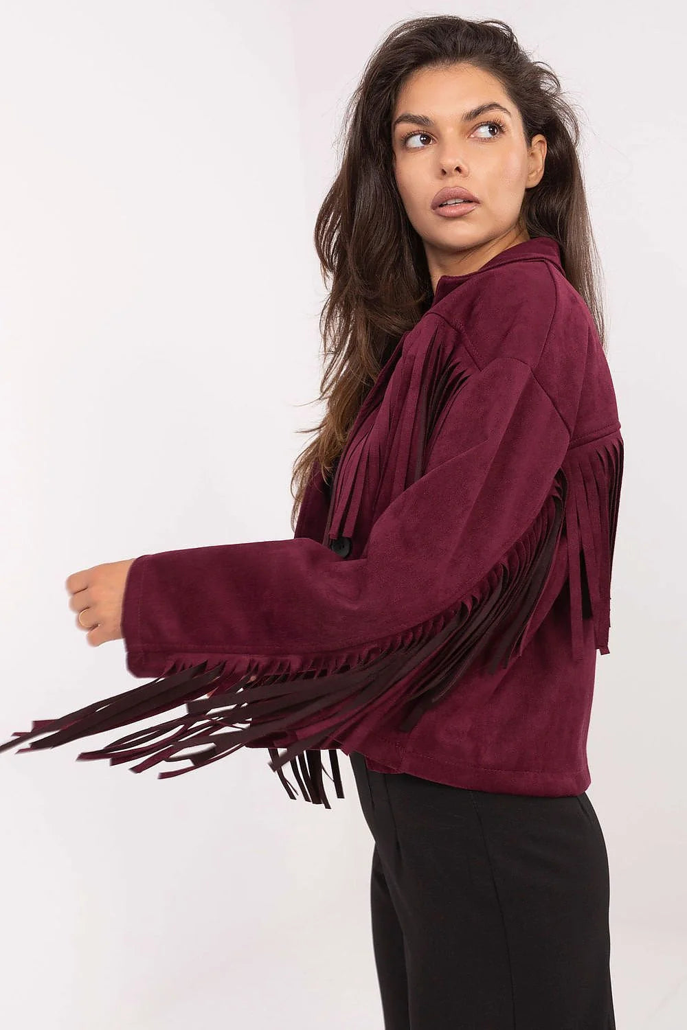 veste courte femme franges bohème western suédine bordeaux col tailleur boutons apparents boxy oversize manches longues boutonnée