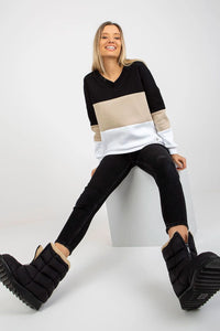 sweatshirt femme coton colorblock noir beige blanc col V oversize manches longues emmanchures tombantes molleton doux